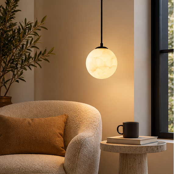 RoyaleGlow Modern Alabaster Globe Pendant Light - Adjustable LED Ceiling Lamp