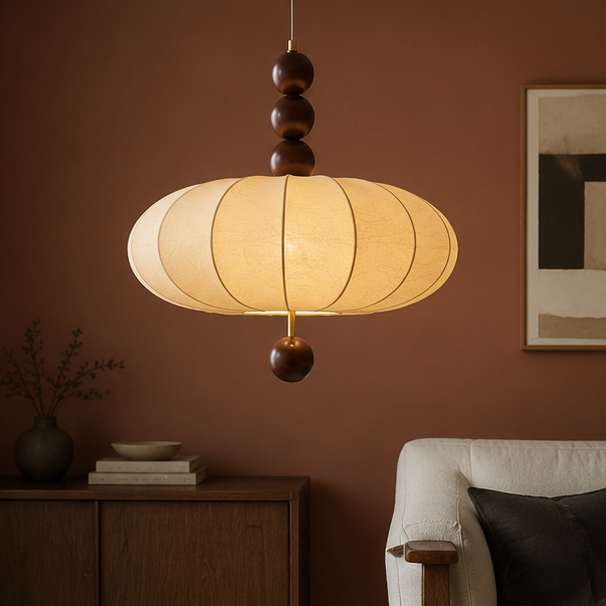 LuxRoyale Modern Farmhouse Lantern Pendant Light-Beige Wood Bead Fixture