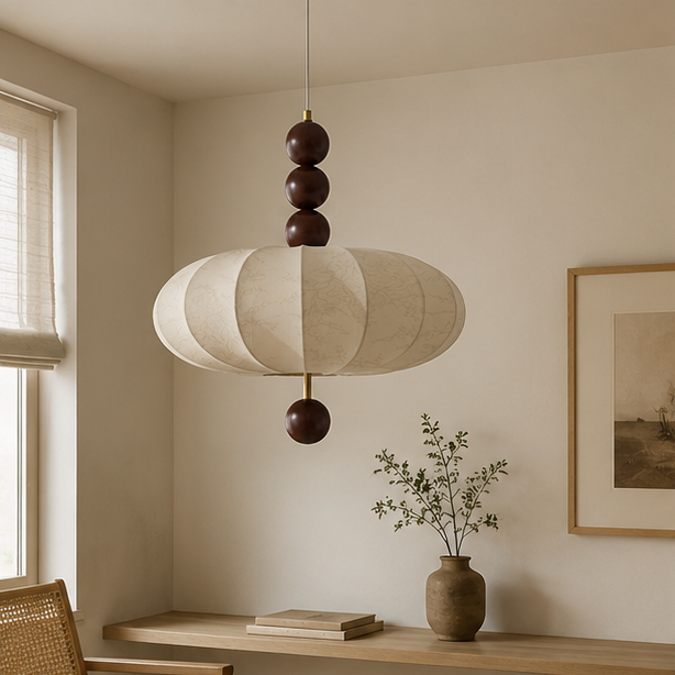 LuxRoyale Modern Farmhouse Lantern Pendant Light-Beige Wood Bead Fixture