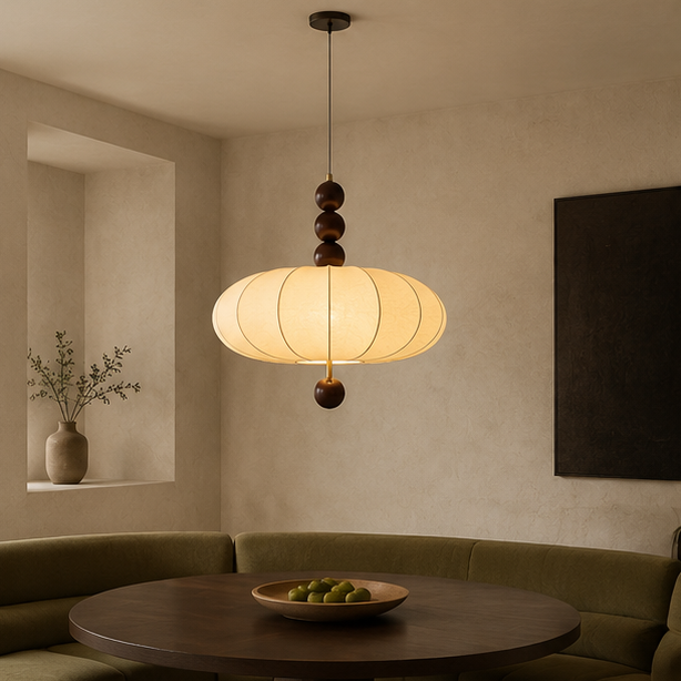 LuxRoyale Modern Farmhouse Lantern Pendant Light-Beige Wood Bead Fixture