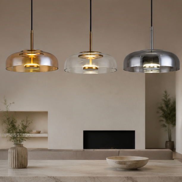 RoyaleGlow Modern LED Pendant Lamp with Amber Glass Shade for Dining Room