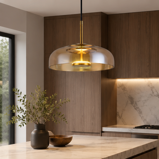 RoyaleGlow Modern LED Pendant Lamp with Amber Glass Shade for Dining Room