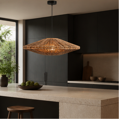 RoyaleGlow Handwoven Jute Rope Pendant Light Fixture, Boho Chic Disc Style