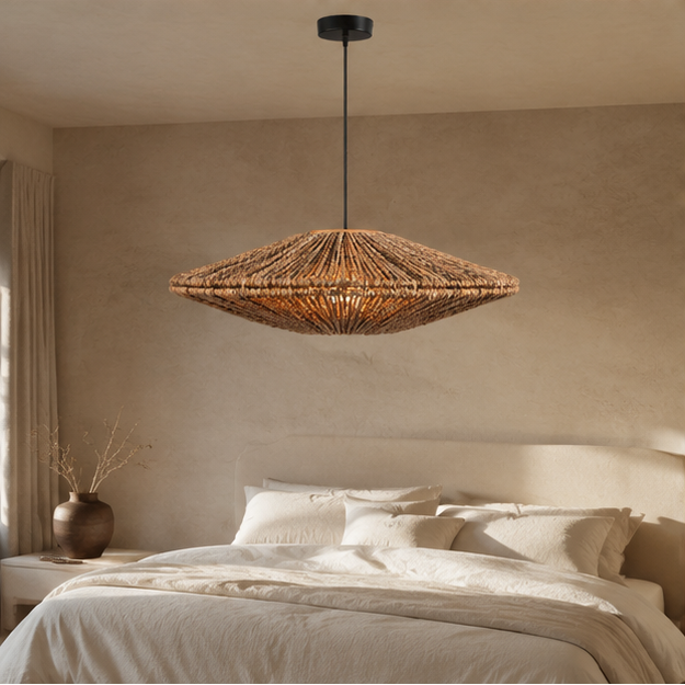 RoyaleGlow Handwoven Jute Rope Pendant Light Fixture, Boho Chic Disc Style
