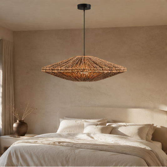 RoyaleGlow Handwoven Jute Rope Pendant Light Fixture, Boho Chic Disc Style