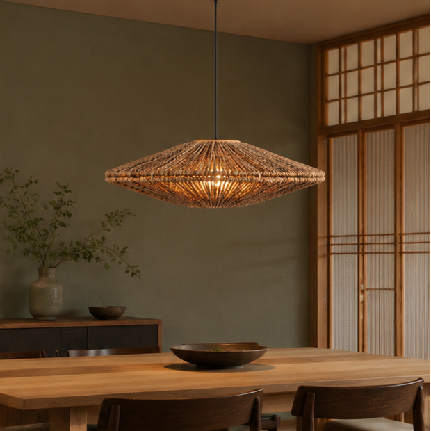 RoyaleGlow Handwoven Jute Rope Pendant Light Fixture, Boho Chic Disc Style
