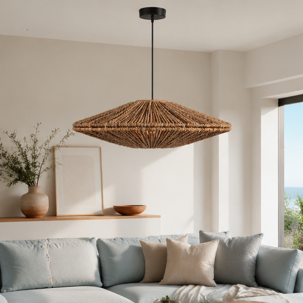 RoyaleGlow Handwoven Jute Rope Pendant Light Fixture, Boho Chic Disc Style