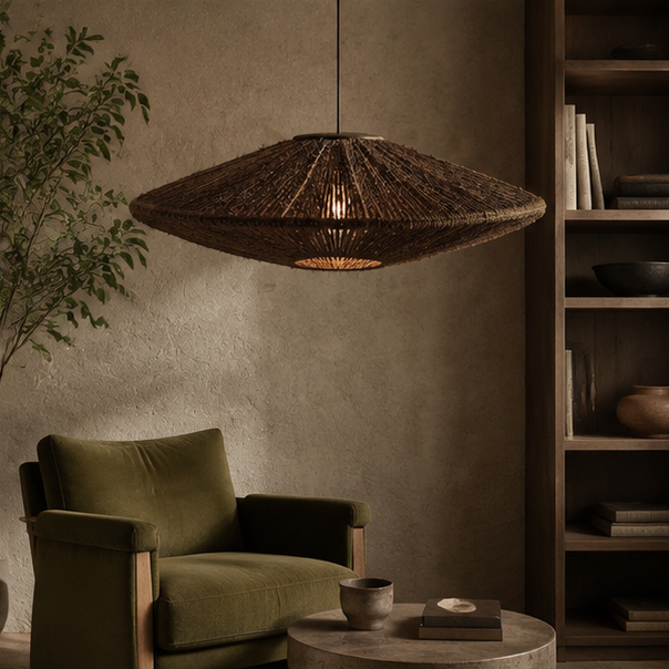 RoyaleGlow Handwoven Jute Rope Pendant Light Fixture, Boho Chic Disc Style