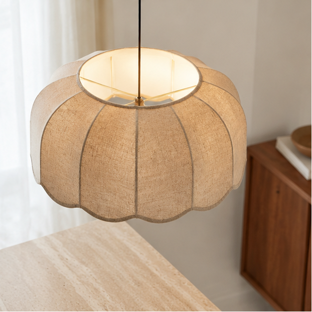 RoyaleGlow Scalloped Fabric Pendant Light-Beige Wavy Lampshade Elegant Hanging Lamp