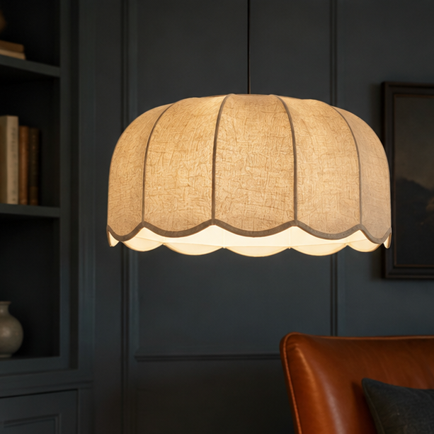 RoyaleGlow Scalloped Fabric Pendant Light-Beige Wavy Lampshade Elegant Hanging Lamp