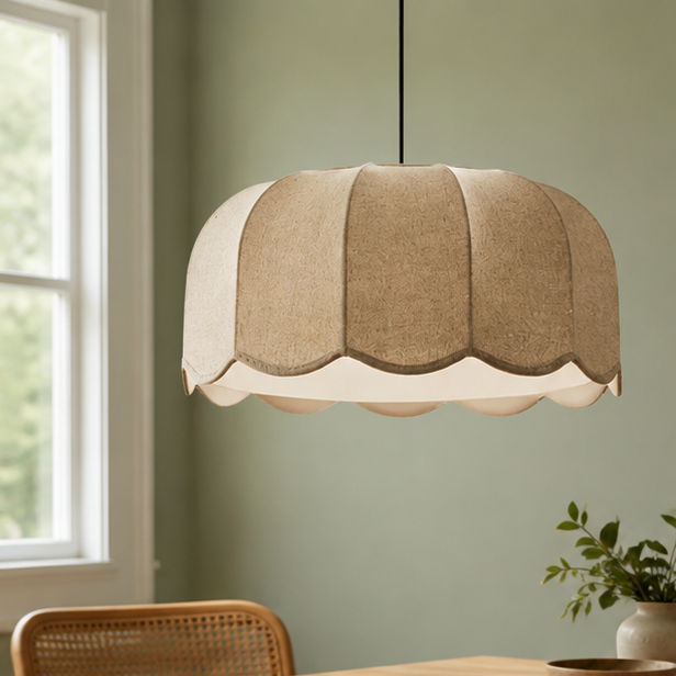 RoyaleGlow Scalloped Fabric Pendant Light-Beige Wavy Lampshade Elegant Hanging Lamp