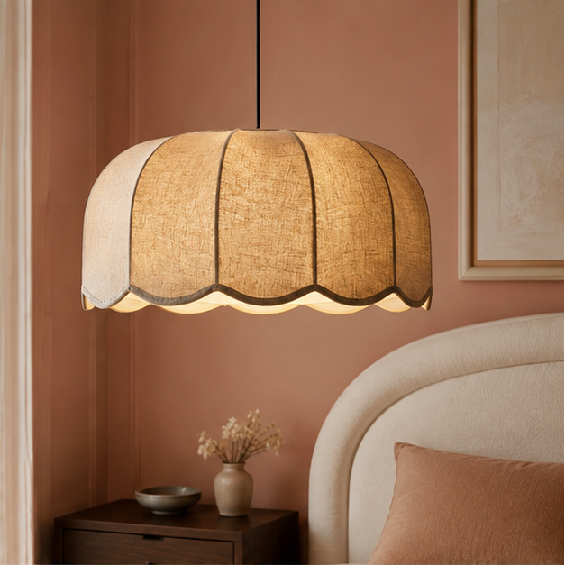 RoyaleGlow Scalloped Fabric Pendant Light-Beige Wavy Lampshade Elegant Hanging Lamp