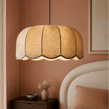 RoyaleGlow Scalloped Fabric Pendant Light-Beige Wavy Lampshade Elegant Hanging Lamp