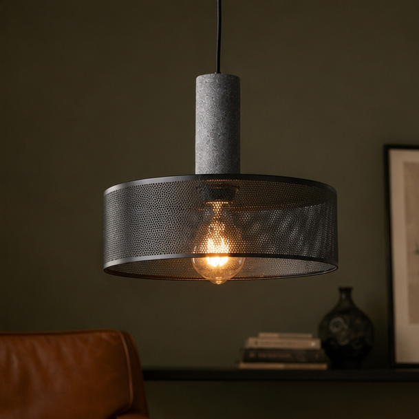 Royelux Industrial Concrete & Metal Pendant Light Fixture with Amber Glass Shade