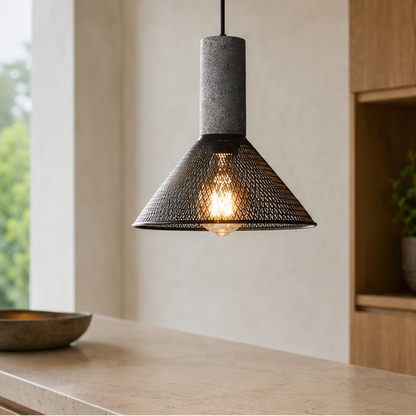 Royelux Industrial Concrete & Metal Pendant Light Fixture with Amber Glass Shade