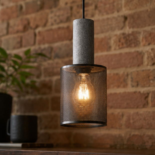 Royelux Industrial Concrete & Metal Pendant Light Fixture with Amber Glass Shade