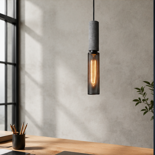 Royelux Industrial Concrete & Metal Pendant Light Fixture with Amber Glass Shade