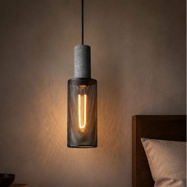 Royelux Industrial Concrete & Metal Pendant Light Fixture with Amber Glass Shade