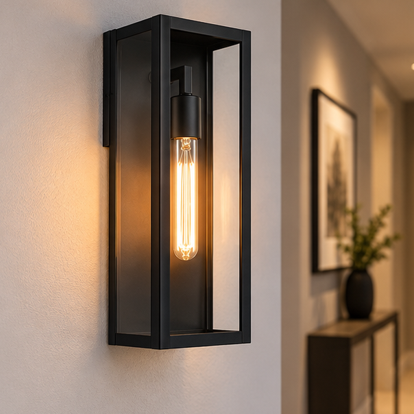 Royelux Modern Black Outdoor Wall Lantern with Clear Glass, Auto Dusk to Dawn Wall Sconce