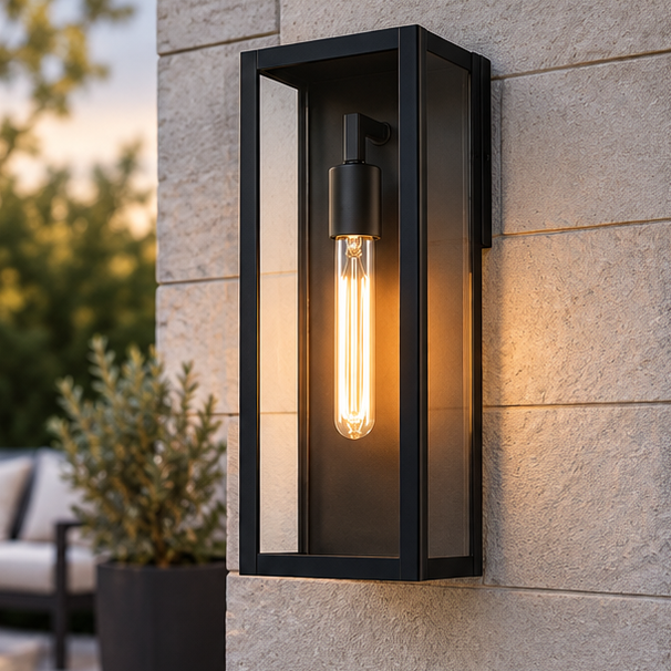 Royelux Modern Black Outdoor Wall Lantern with Clear Glass, Auto Dusk to Dawn Wall Sconce