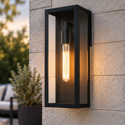 Royelux Modern Black Outdoor Wall Lantern with Clear Glass, Auto Dusk to Dawn Wall Sconce
