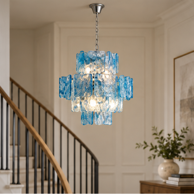 RoyaleGlow Modern Blue Glass Wall Sconce - Dimmable Tiered Wall Light with Remote Control