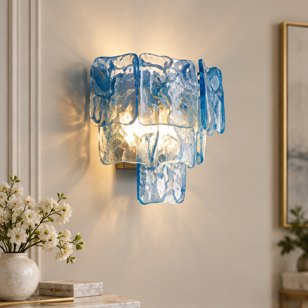 RoyaleGlow Modern Blue Glass Wall Sconce - Dimmable Tiered Wall Light with Remote Control