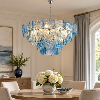 RoyaleGlow Modern Blue Glass Wall Sconce - Dimmable Tiered Wall Light with Remote Control