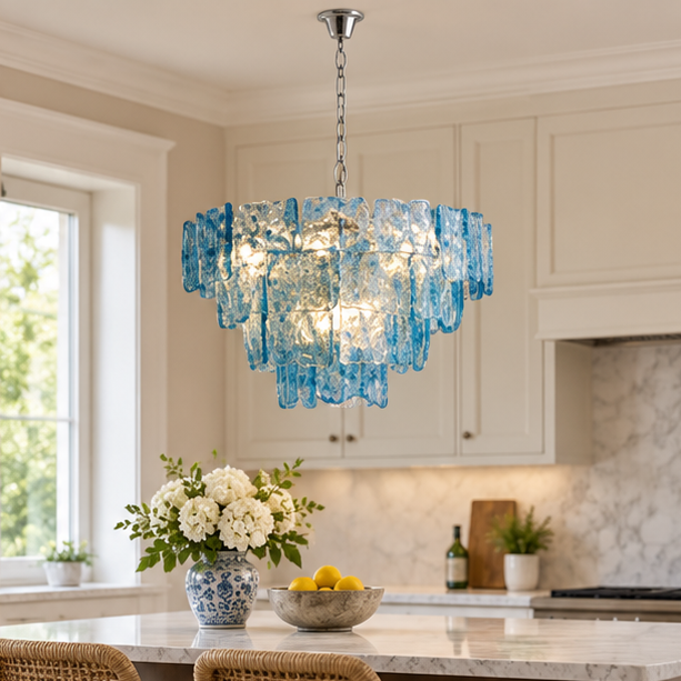 RoyaleGlow Modern Blue Glass Wall Sconce - Dimmable Tiered Wall Light with Remote Control