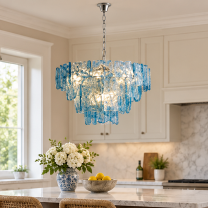 RoyaleGlow Modern Blue Glass Wall Sconce - Dimmable Tiered Wall Light with Remote Control