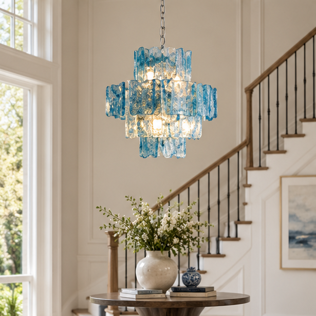 RoyaleGlow Modern Blue Glass Wall Sconce - Dimmable Tiered Wall Light with Remote Control