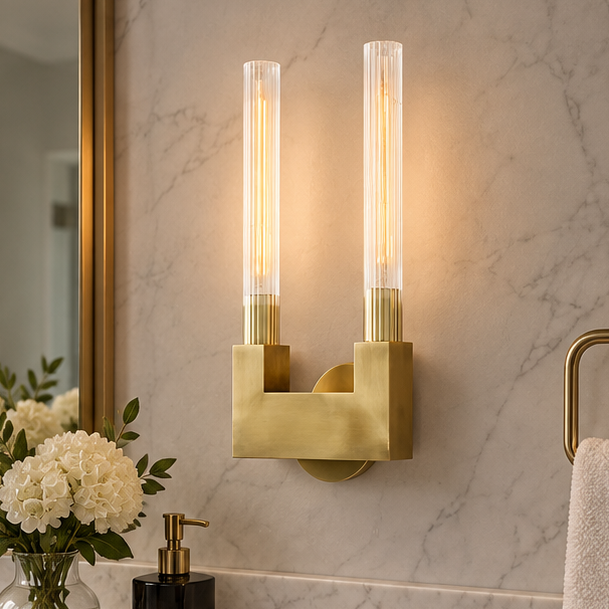 RoyaleGlow Modern Brass Wall Sconce-Fluted Glass Vanity Light Fixture