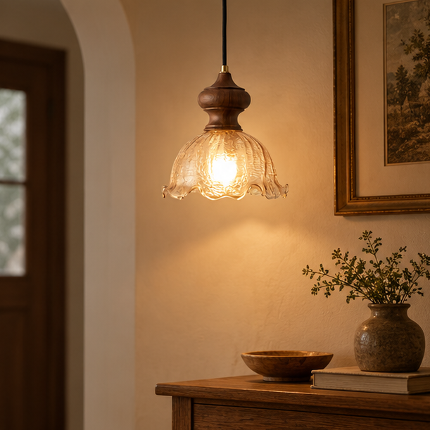 RoyaleGlow Vintage Rippled Glass Pendant Light with Brass & Wood for Kitchen & Dining Room