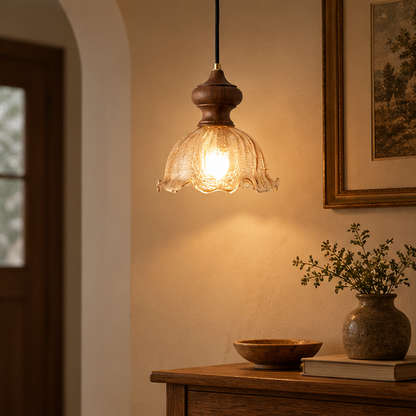 RoyaleGlow Vintage Rippled Glass Pendant Light with Brass & Wood for Kitchen & Dining Room