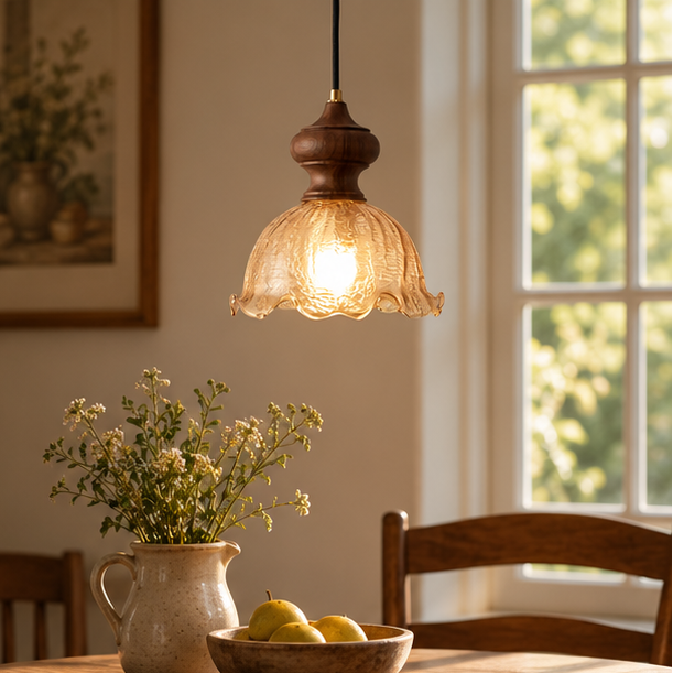 RoyaleGlow Vintage Rippled Glass Pendant Light with Brass & Wood for Kitchen & Dining Room
