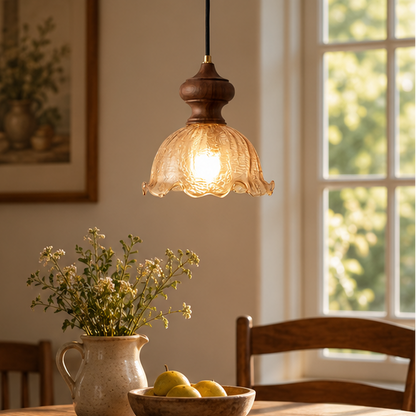 RoyaleGlow Vintage Rippled Glass Pendant Light with Brass & Wood for Kitchen & Dining Room