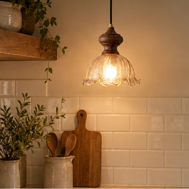 RoyaleGlow Vintage Rippled Glass Pendant Light with Brass & Wood for Kitchen & Dining Room
