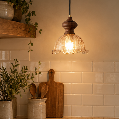 RoyaleGlow Vintage Rippled Glass Pendant Light with Brass & Wood for Kitchen & Dining Room