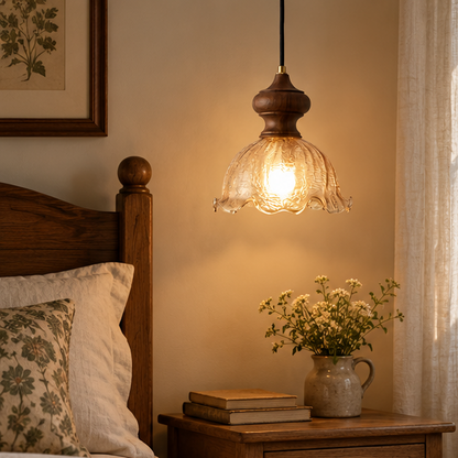 RoyaleGlow Vintage Rippled Glass Pendant Light with Brass & Wood for Kitchen & Dining Room