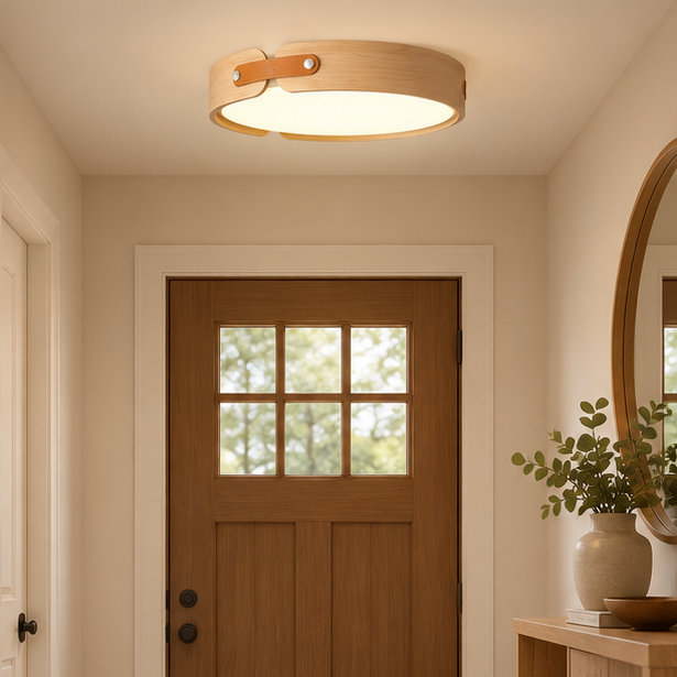 Royelux Wooden Halo Flush Mount Ceiling Light - Natural Wood LED Fixture with Remote Dimming