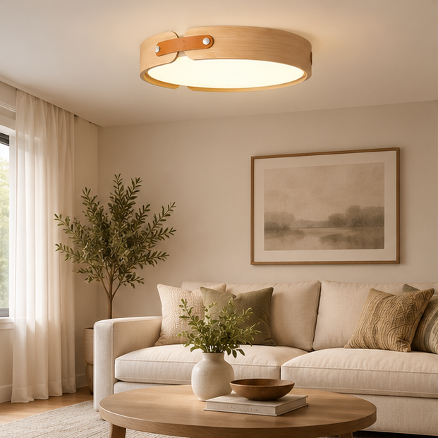 Royelux Wooden Halo Flush Mount Ceiling Light - Natural Wood LED Fixture with Remote Dimming