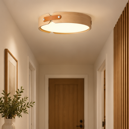 Royelux Wooden Halo Flush Mount Ceiling Light - Natural Wood LED Fixture with Remote Dimming