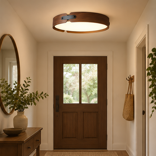Royelux Wooden Halo Flush Mount Ceiling Light - Natural Wood LED Fixture with Remote Dimming