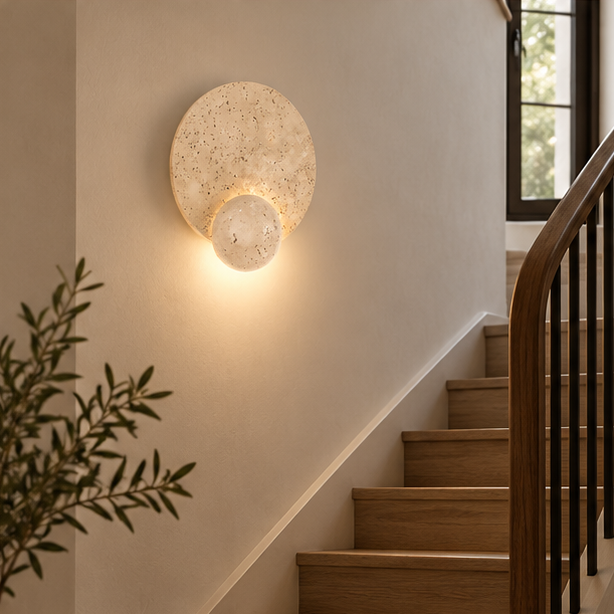 Royelux Natural Yellow Travertine Stone Wall Sconce-Modern LED Wabi Sabi Bedroom Light