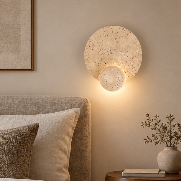 Royelux Natural Yellow Travertine Stone Wall Sconce-Modern LED Wabi Sabi Bedroom Light