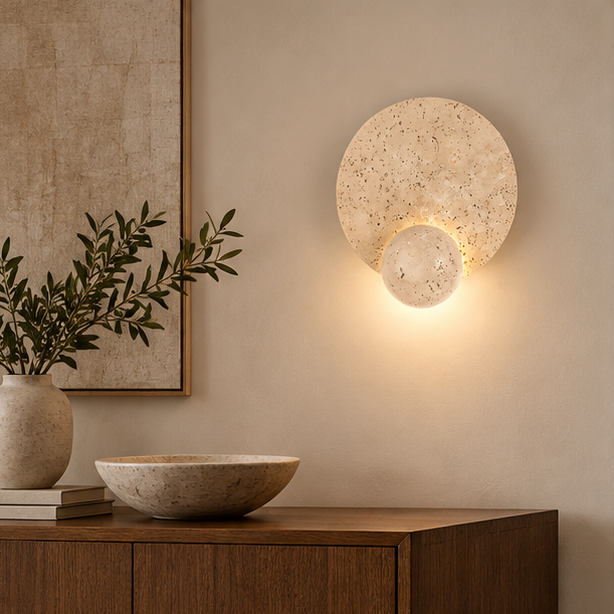 Royelux Natural Yellow Travertine Stone Wall Sconce-Modern LED Wabi Sabi Bedroom Light