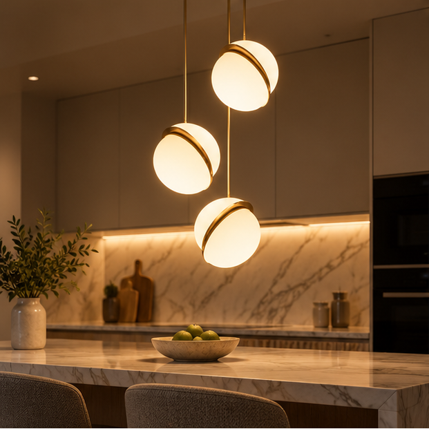 RoyaleGlow Modern Brass Globe Pendant Light - Minimalist Crescent Hanging Lamp