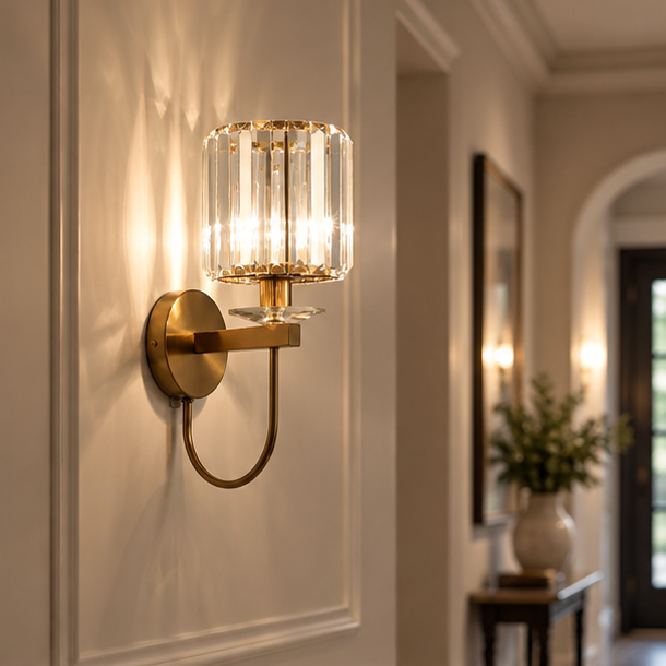 RoyaleGlow Modern Gold Crystal Wall Sconce Light Fixture For Living Room