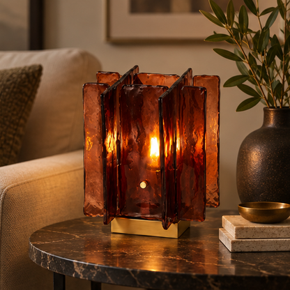 RoyaleGlow Amber Textured Artisan Glass Table Lamp - Dimmable Decorative Bedside Light