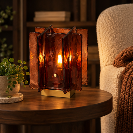 Modern Art Deco Amber Smoked Glass & Brass Lamp